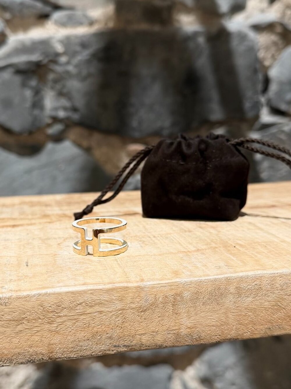 Hermès Permabrass Gold White H En Rond Scarf Ring